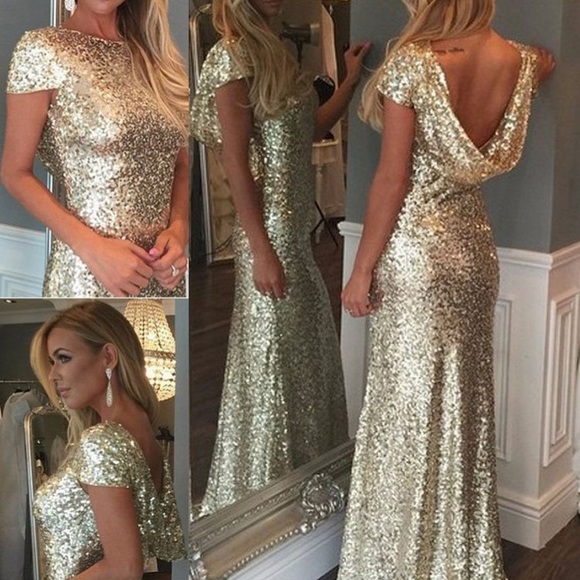 Gold draped back mermaid prom dress - Picture 4 of 8